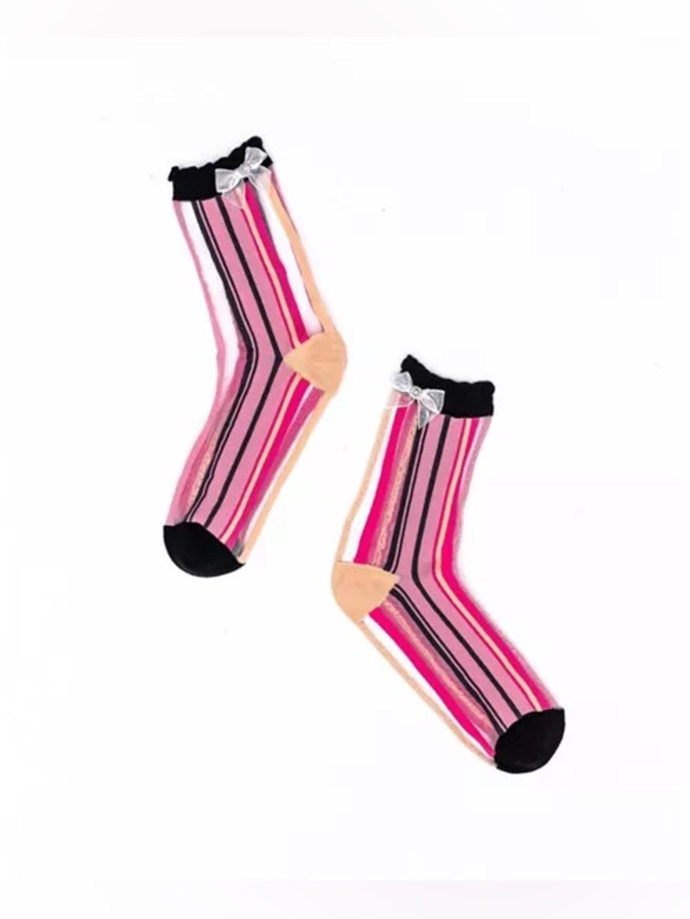 Sock Candy "Parisian Stripe" sheer socks featuring a ruffle and bow. Inspired by